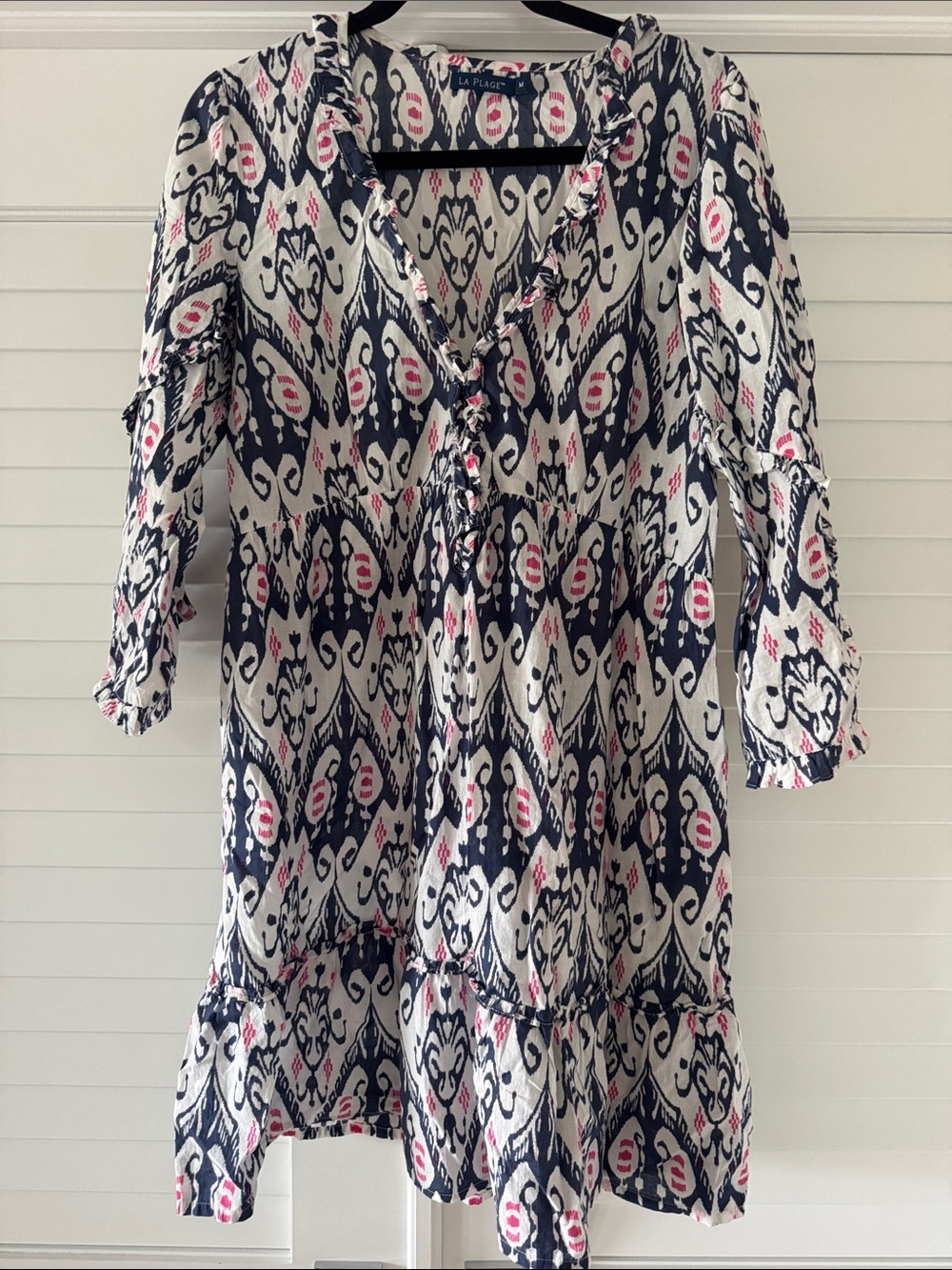 La Plage Navy & White Ikat Midi Dress with Pink Accents
